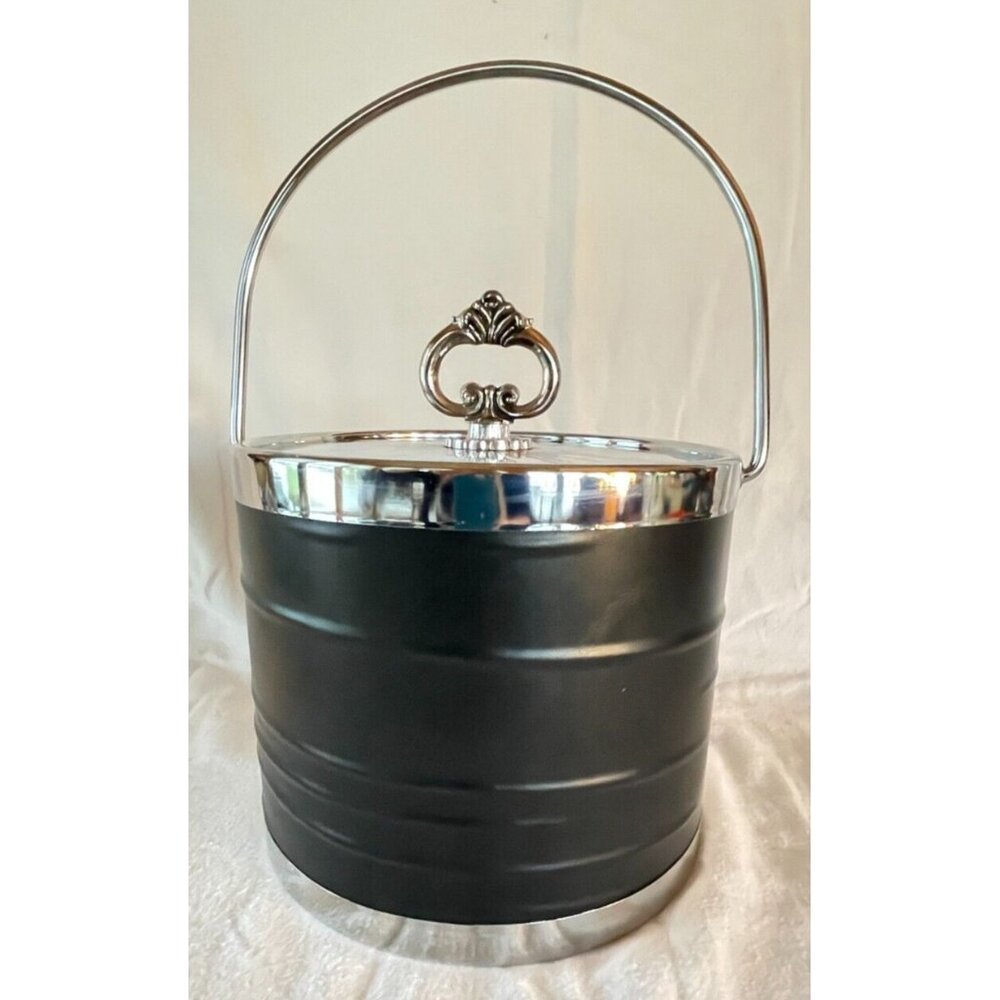 Vintage Black Vinyl & Chrome Ice Bucket Mid Century Barware Retro Entertaining
